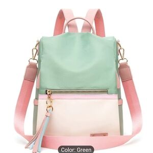 Stylish Green & Pink Women's Backpack And Shoulder Bag Tote Soft Oxford Cloth